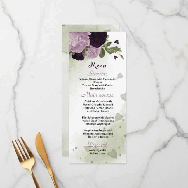 Meny lila blommor greenery bröllop (Fram/Back In Situ)