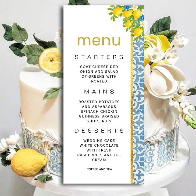 Meny med Medelhavstilton och blått Bröllop Inbjudningar (Mediterranean Lemon & Blue Tile Wedding Menu Invitation #zazzlemade #menuinvitation #dinner #lemon)
