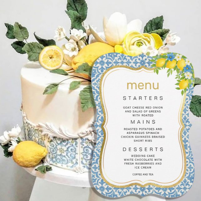 Meny med Medelhavstilton och blått Bröllop Inbjudningar (Mediterranean Lemon & Blue Tile Wedding Menu Invitation #zazzlemade #yellowandbluemenu #dinnerinvita)