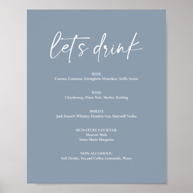 Meny med minimal Dusty Blue Modern Bröllop Drink P Poster (Framsidan)