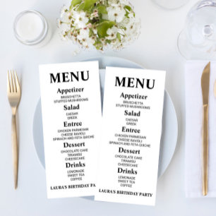 Meny med minimalistisk Födelsedagsfest Food