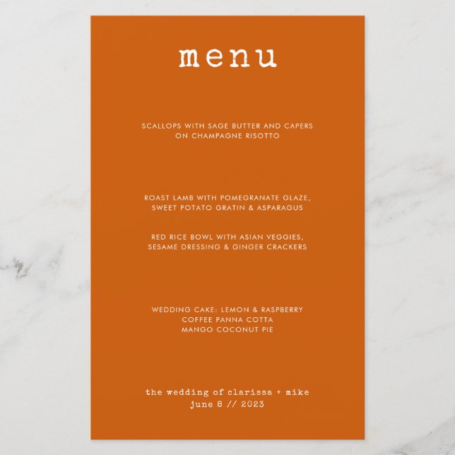 Meny med Modern minimal bränd Orange Bröllop (Framsida)