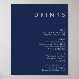 Meny med Modern Navy Blue Silver Bröllop Drinks Poster