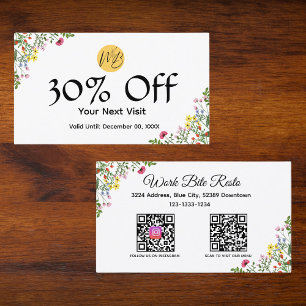 Meny med WildblomModern Restaurant Qr-kod och Rabattkort