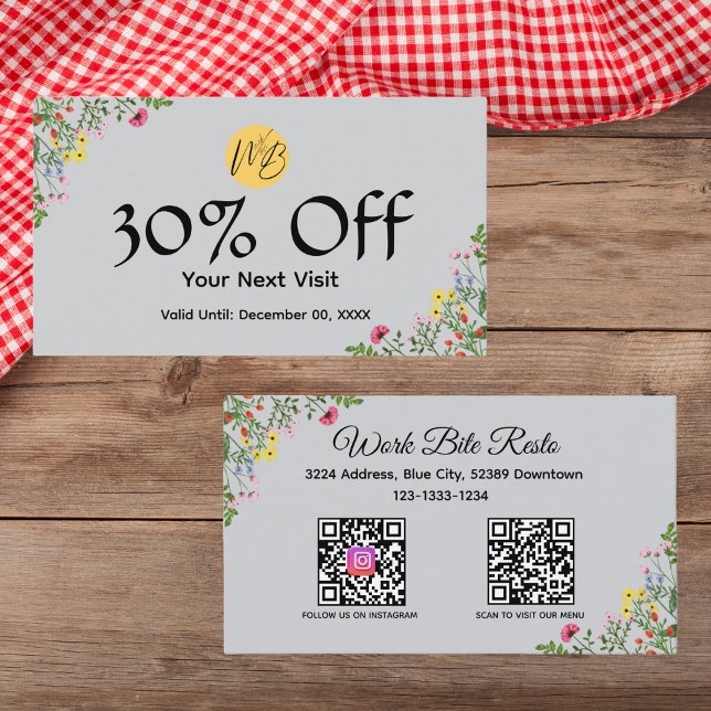 Meny med WildblomModern Restaurant Qr-kod och Rabattkort (Skapare uppladdad)