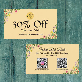 Meny med WildblomModern Restaurant Qr-kod och Rabattkort