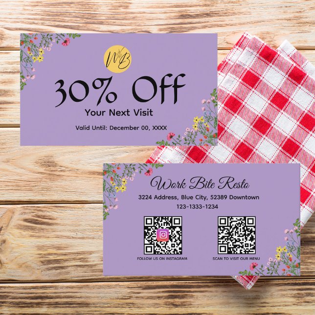 Meny med WildblomModern Restaurant Qr-kod och Rabattkort (Skapare uppladdad)
