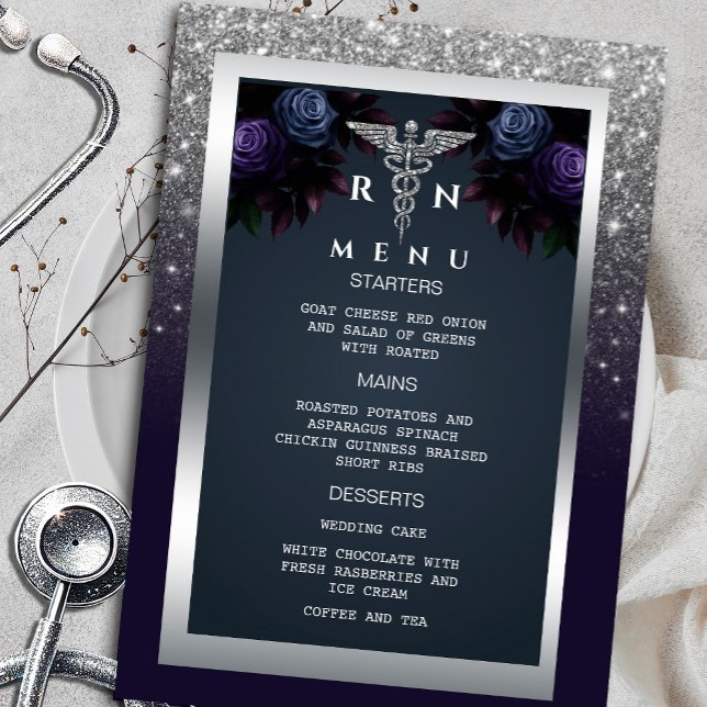 Meny Medicinsk Blommigt för blå  i glitter Silver Inbjudningar ("Join us for an elegant RN celebration with a sophisticated menu, silver glitter accents, and floral)
