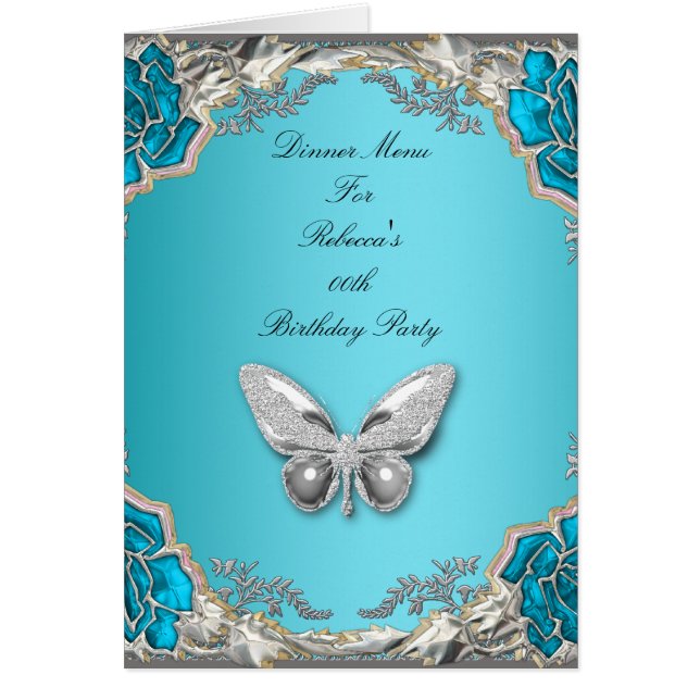 Meny Middagskort Silver Blue Butterfly OBS Kort (Framsidan)