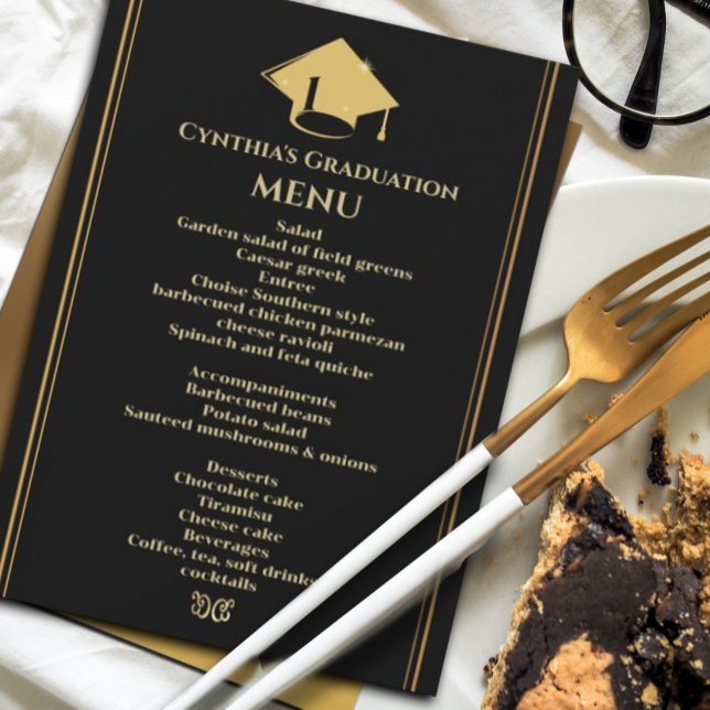 Meny Modern Black Guld Studenten Inbjudningar (Modern and stylish menu graduation announcement/invitation. #senior #sparkles#highschooluniversity)