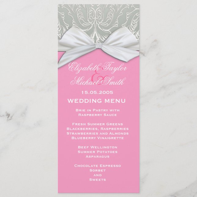 Meny om Silver och Rosa Damask Wedding Menu (Framsida)
