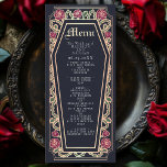 Meny ro Guld Gothic Coffin Ro Blue Bröllop<br><div class="desc">Lägg till en gnutta god elegans till festen med dessa bröllop-menyer med en kaffeformad ram, försedd med bröstkorg, rosor och ro guld mot en djup blå bakgrund. Perfekt för en skrämmande romantisk matupplevelse! Anpassa texten, teckensnittet och bakgrunden färg till kostym till designinställningarna. Matcha artiklar i vår butik för ett helt...</div>