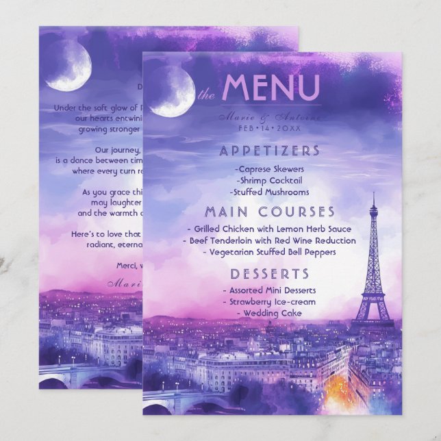 Meny + vacker text Amour Éternel  (Fram/baksida)