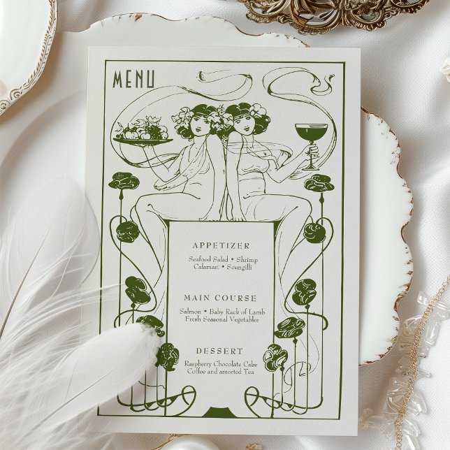 Meny Vintage MUTET Sage Grönt Art nouveau Inbjudningar (Skapare uppladdad)
