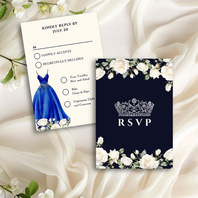 Menyalternativ för Princess Dress Blue Quinceanera OSA Kort (RSVP Card from the Princess Dress and Roses Quinceanera collection by Darling & May)