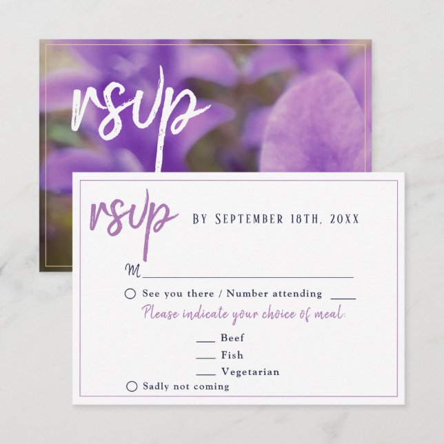 Menyalternativet lila Flower Blommigt Bröllop OSA Kort (Fram/baksida)