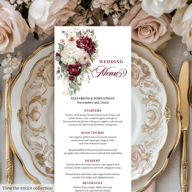 Menydesign för Boho maroon white guld blommigt brö Meny (Boho maroon white gold floral wedding menu design

)