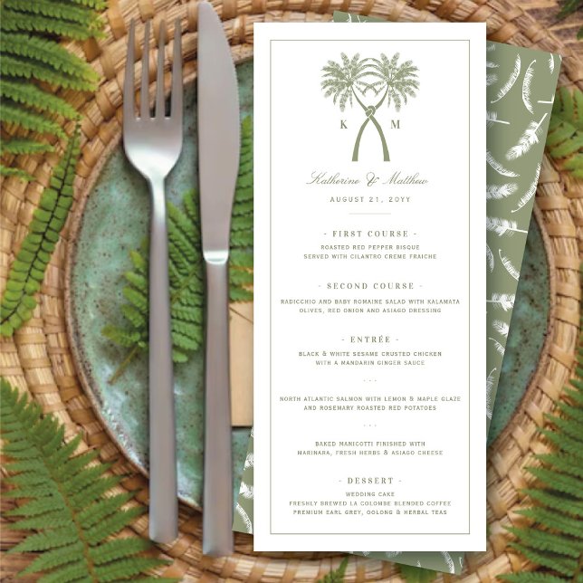 Menydesign för den tropiska Bröllop-menyn i Handfl Inbjudningar (Knotted Palm Trees Monogram Tropical Destination Wedding Menu Card @ fatfatin_blue_knot)