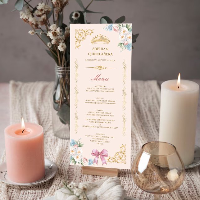 Menykort för Anpassningsbar av Classy Krona Rosa B Inbjudningar (Classy Crown Pink Bow Quinceanera Custom Menu Card)