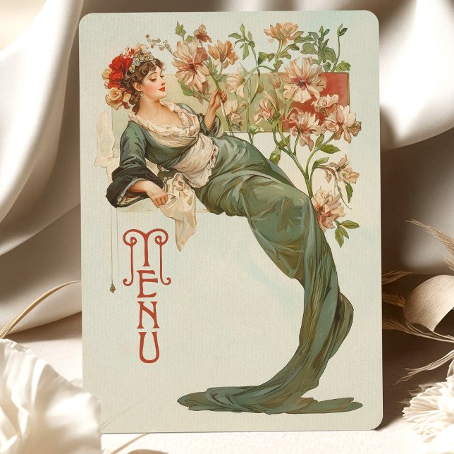 Menykort för art nouveau Blommigtens gudinna Inbjudningar (Skapare uppladdad)