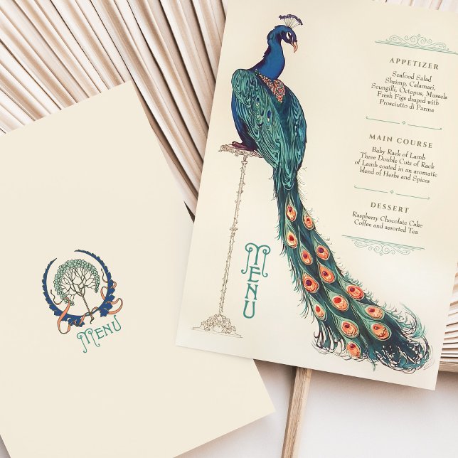 Menykort för Art nouveau Peacock Bröllop Inbjudningar (Skapare uppladdad)