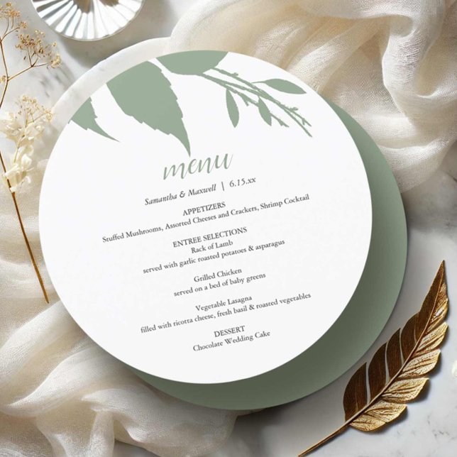 Menykort för avrunda grönt Bröllop Meny (Wedding menu card with minimalist sage green leaves designed by Victoria Grigaliunas DoTellABelle)