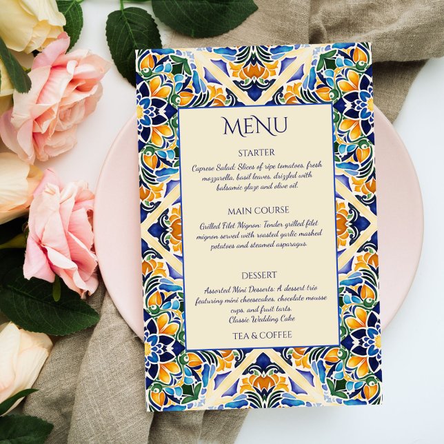 Menykort för blåa plattor i Talavera azulejo vinta (Talavera azulejo blue tiles vintage Mexican wedding  menu card personalized table decor)