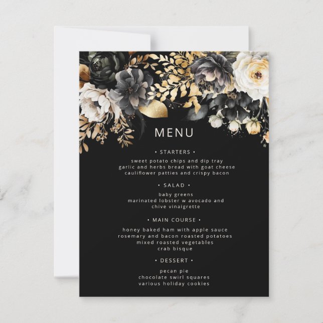Menykort för Black Guld Luxe Blommigt Bröllop Inbjudningar (Framsida)