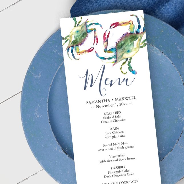 Menykort för blått vattenkrabba, kustfärgskort meny (Wedding decor beach menu card blue crabs watercolor art by Victoria Grigaliunas)