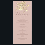 Menykort för  Blommigt Guld Bröllop Meny<br><div class="desc">Höj din mottagning bord med detta romantiska menykort för  rosa bröllop,  som är vackert förankrat med guld-blommor och elegant-skript. Lodräts layout erbjuder ett rent,  förfinat format för att visning dina kursval - perfekt för bröllop som är baserat på motiv,  trädgård eller vintage.</div>