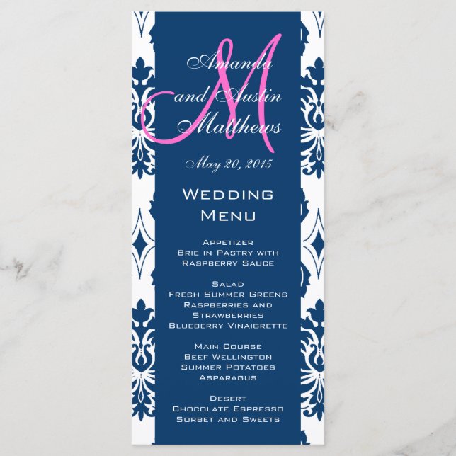Menykort för Blue Damask Monogram Bröllop Meny (Framsida)