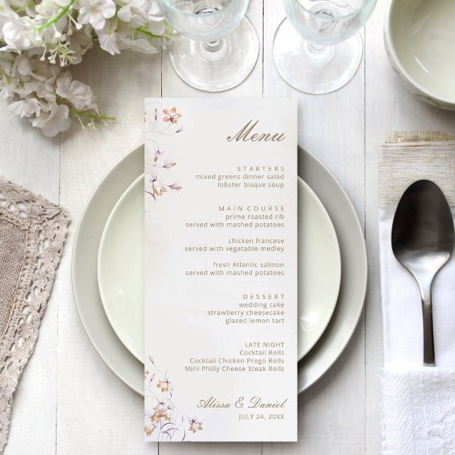 Menykort för Boho Blommigt Bröllop Meny (Boho Floral Wedding Menu Card on a white wedding dinner table)