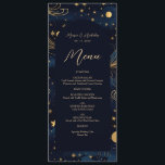 Menykort för Boho Celestial Bröllop Meny<br><div class="desc">Ange tonen för en magisk kväll med det här boho celestial bröllop-menykortet. Den här dubbla-sidiga designen visar din meny på framsidan och ett vackert monogram på baksidan. Den har en lyxig marin himmel, guld-stjärnor och elegant-manustypografi. Perfekt för celestial, stjärnmördare eller boho-temed bröllop, som ger en häpnadsväckande beröring till bord. Dubbla-sidig...</div>