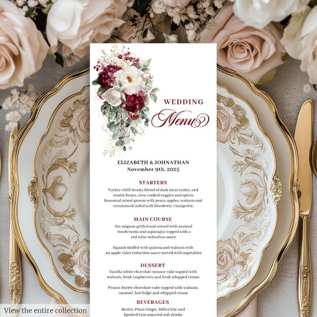 Menykort för Boho marsala vit guld blommigt bröllo Meny (Boho marsala white gold floral wedding menu card

)