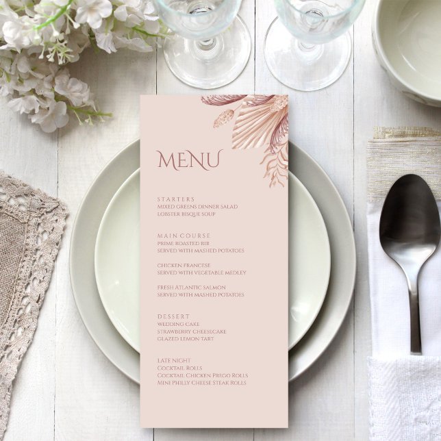Menykort för Boho  Pampas Grass Bröllop Meny (Boho Blush Pampas Grass Wedding Menu Card on a white wedding table)