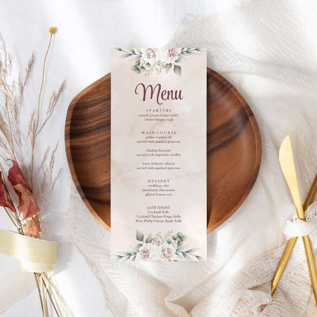 Menykort för Boho  Rosa Blommigt Bröllop Meny (Boho Blush Pink Floral Wedding Menu Card on boho wedding table.)