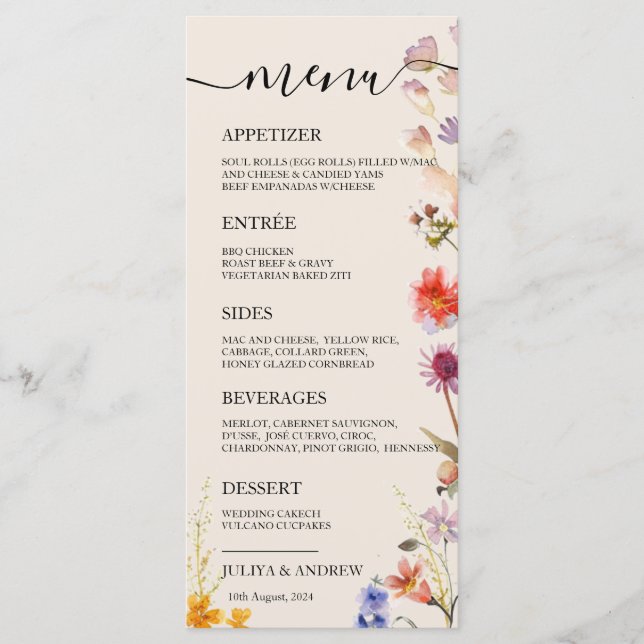 Menykort för boho wildblomma Bröllop Meny (Framsida)
