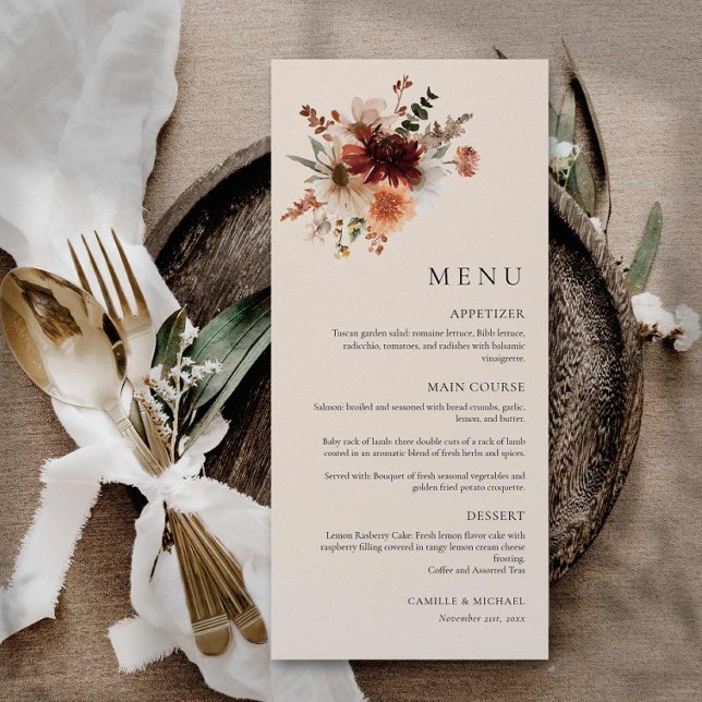 Menykort för Boho Wildblomu Bröllop Meny (Elegant Burgundy Floral Wedding Menu Card)