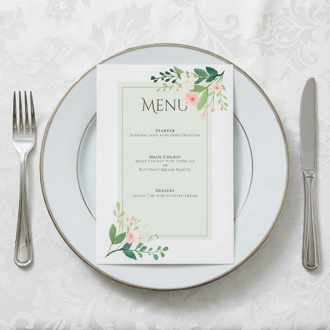 Menykort för botanisk mjuk Rosa Blommigt Bröllop Meny (Botanical soft Pink Floral Wedding Menu Card.)