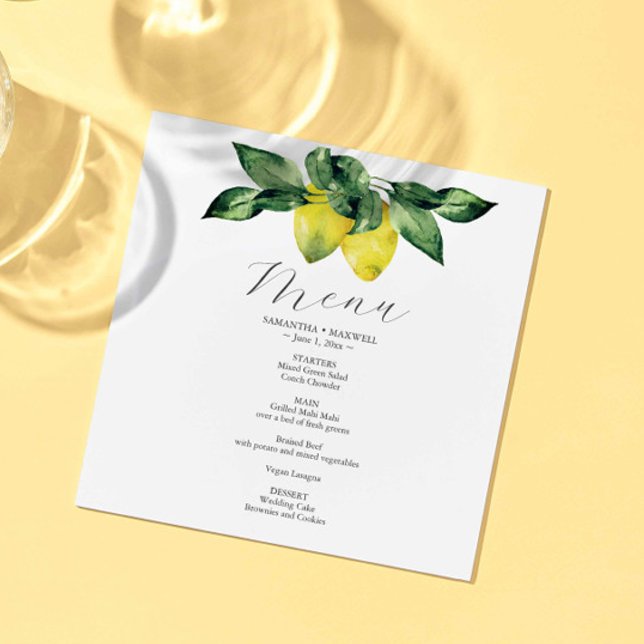 Menykort för Bröllop Lemon och Amalfi Tile Meny (Watercolor lemons wedding menu square art by Victoria Grigaliunas of Do Tell A Belle. )