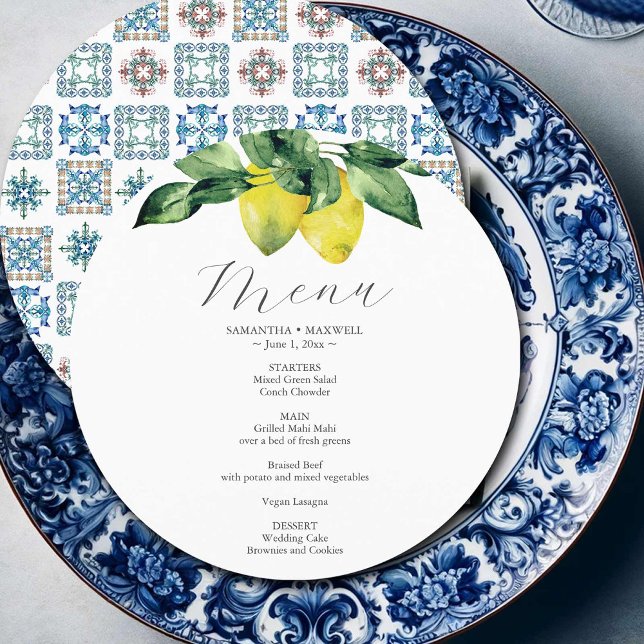 Menykort för Bröllop Lemon och Amalfi Tile Meny (Menu card watercolor lemons with Mediterranean themed print by Victoria Grigaliunas Do Tell A Belle)