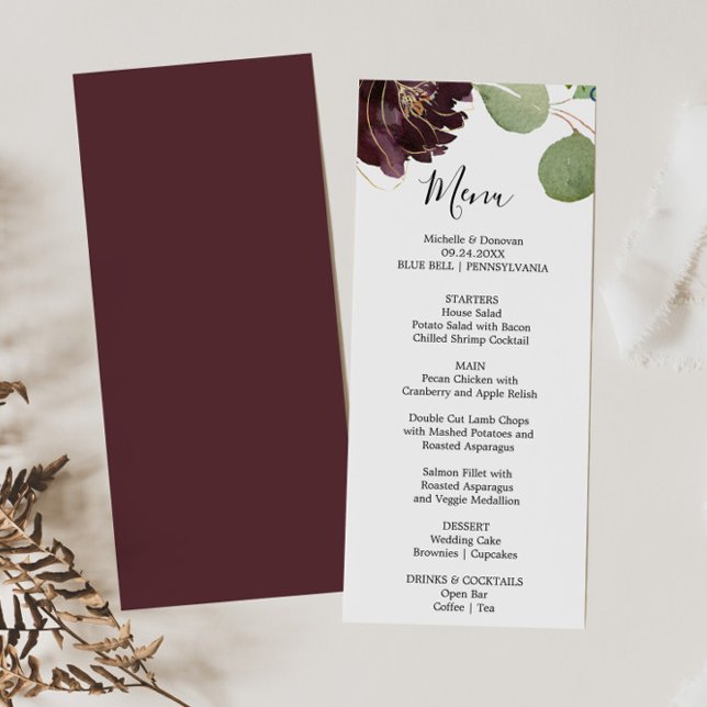 Menykort för Burgundy-Blommigt och Greenery Dinner Inbjudningar (Skapare uppladdad)