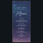 Menykort för Celestial Starry Night Bröllop Meny<br><div class="desc">Ange tonen för en magisk matupplevelse med det här bröllop-menykortet för elegant celestial. Den här menyn har en drömmarisk marinbakgrund och en violett stjärnbakgrund i himmel och visar på ett vackert sätt dina starter, inlägg och efterrätter i en romantisk och snyggt layout. Perfekt för att stirra, kosmisk och natttemat bröllop,...</div>
