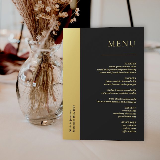 Menykort för chic Black och Shiny Guld Bröllop Bor Inbjudningar (Chic Black and Shiny Gold Wedding Table Menu Card)