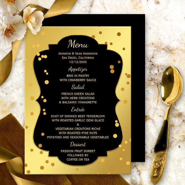 Menykort för chic Guld och svart konfetti Meny (A festive and elegant menu card featuring gold confetti on a gold and black background)