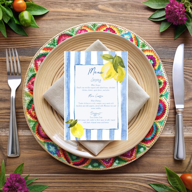 Menykort för citroner i La Dolce Vita Blue rand Inbjudningar (La Dolce Vita blue stripes lemons menu cards Italian retro stripes personalized menu cards template)