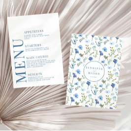 Menykort för den blå blommigten bröllop i elegant tilläggskort