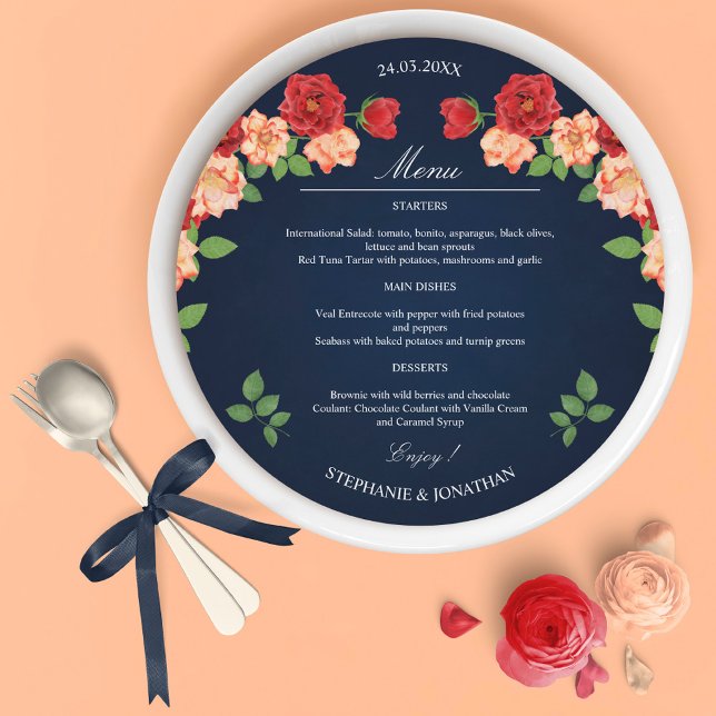 Menykort för den blå Blommigten Röd ros runda Bröl Meny (Navy Blue Floral Red Rose Round Wedding Menu Card)