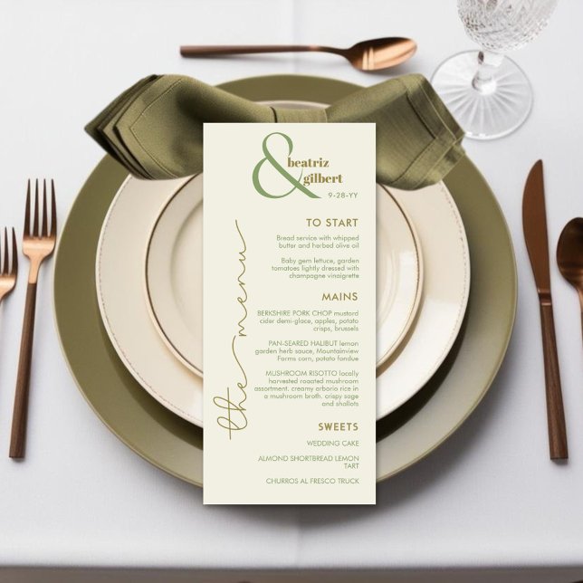Menykort för Elegant Ampersand Monogram Bröllop Meny (Elegant ampersand monogram wedding menu in creamy white, olive green and moss green)