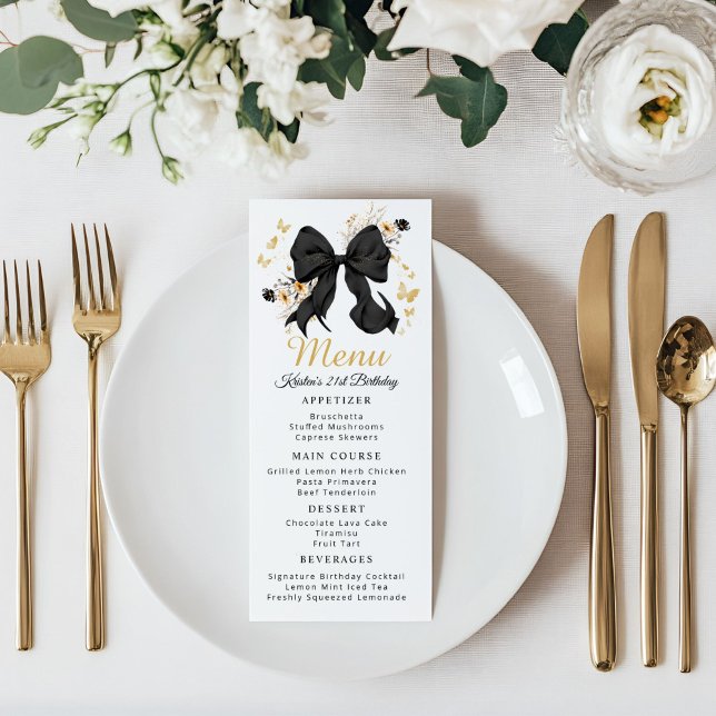 Menykort för elegant Black Coquette Bow Wildblomma Meny (Elegant Black Bow Coquette Menu card)